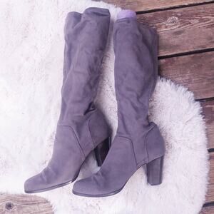 Boden Womens Stretchy Knee High Heeled Boots UE42 US10.5 Grey Faux Suede
